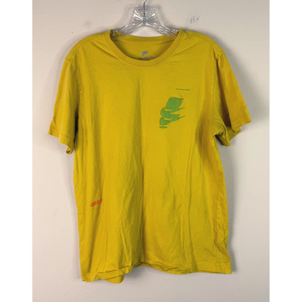 Nike T-Shirt Mens Large Yellow Multi Logo Graphic Short Sleeve Sportswear Tee